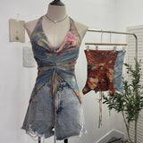 IFOMT Women's Resort Swing Collar Drawstring Strap Halter Vest Tie-Dye Mesh Top Sexy Backless Irregular Vest Party Leisure Essential
