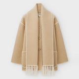 IFOMT Tassel Splice Coats For Women Fashion Long Sleeve Pocket Coat With Scarf Autumn Winter Street Elegant Warm Lady Jacket