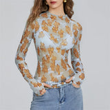 IFOMT Chic Sheer Tops for Women Long Sleeve Mock Neck Lace Mesh Top Sexy See Through Floral Tee Shirt Layering Blouse Y2k Streetwear