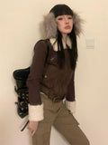 IFOMT Japanese Y2k Fur Coat Women American Retro Brown Knitted Jacket Vintage Korean Style Zipper  Winter 2000s Aesthetics