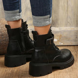 IFOMT  Belt Buckle Platform Combat Boots Women Chunky Heels Lace Up Ankle Boots Woman Side Zipper PU Leather Short Booties Plus Size 43