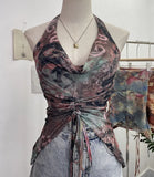 IFOMT Women's Resort Swing Collar Drawstring Strap Halter Vest Tie-Dye Mesh Top Sexy Backless Irregular Vest Party Leisure Essential