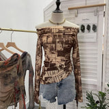 IFOMT See Through Retro Graffiti Print One Shoulder Mesh Long Sleeve Layered Shirt  For Women Drawstring Slim Fit Tshirt Y2K Top 8959