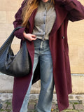 IFOMT Burgundy Wool Blends With Belt Long Coat For Women Fashion Lapel Full Sleeves Oversize Jacket 2024 New Office Lady Outerwear