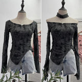 IFOMT Women's Retro Pink Butterfly Halter Distressed Distressed Long Sleeve T-Shirt Hot Girl Skew Collar One-Line Collar Slim Fit Top