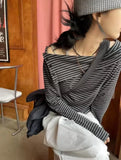 IFOMT Black Gray Contrast Striped Tee Shirt Autumn New Lapel Neck Off Shoulder T-shirts Y2k Grunge Long Sleeve Tops Graphic T Shirts