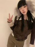 IFOMT Japanese Y2k Fur Coat Women American Retro Brown Knitted Jacket Vintage Korean Style Zipper  Winter 2000s Aesthetics