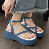 IFOMT  Blue Denim Platform Sandals Women Summer Clip Toe Wedge Heeled Sandals Woman Ankle Straps Thick Bottom Wedges Shoes Female