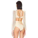 IFOMT Knit Mesh Crochet Long Sleeve Bikini Sets Cut Out Stretch Swimsuit Cover Up Luxury Swimwear Women's Beach Outfits Beachwear 2024