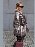 IFOMT Shiny Sliver Fur Leather Patchwork Short Coats Women Fashion Lapel Single Breasted Pocket Jacket 2024 New High Street Outwear