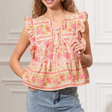IFOMT Women y2k Vintage Ruffles Sleeve Shirts Floral Print/Stripe Tassel Tie-Up Fashion Blouses Summer Casual Tops