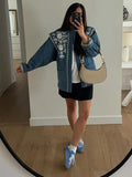 IFOMT 2024 Blue Printed Patchwork Short Coat Women  O-neck Long Sleeves With Pockets Cropped Jackets Autumn Female Chic Streetwear