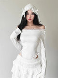 IFOMT Fashion Sexy Off Shoulder Lace White Bodysuit Y2k Hooded Long Sleeved T-shirt for Women 2024 Summer New Slim Fit Tops Mujer