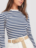 IFOMT Autumn Women Striped Long Sleeve Crop Top Casual Basic Tee Slim Fitted Crew Neck Pullover Tight Shirts Streetwear