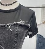 IFOMT Women Vintage Sexy See Throgh Top Y2K Top Washed Raw Edge Denim Pacthwork Mesh Short Sleeve Shirt Casual Holiday Club Streetwear