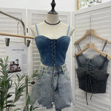 IFOMT Women  Women Sexy Chic Denim Crop Top Lace Up With Padded Adjustable Shoulder Straps Bow Short BandeauTop Summer Y2K Club Wear