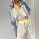 IFOMT 2023 Spring Knitted Cardigan Women White V-neck Lantern Sleeve Sweaters High Street Casual Loose Short Cardigans Coats