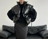 IFOMT Winter New Glossy Zipper Cotton Vest For Women Solid Sleeveless With Belt Warm Jackets Vest High Street Fashion Outwear