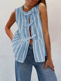 IFOMT Women Tie Front Vest Top Y2k Top Stripe Bow Lace Up Tank Tops Cute Summer Sleeveless Blouse Clothes 2024 Fashion New Streetwear