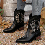 IFOMT  Black Embroidery Western Cowboy Boots Women Plus Size Thick Heels Ankle Boots Woman Pointed Toe Slip On Short Booties