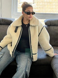 IFOMT Fashion Pu Leather Patchwork Lamb Wool Jacket Women Casual Long Sleeves Zipper Loose Short Coat 2024 New Female High Streetwear