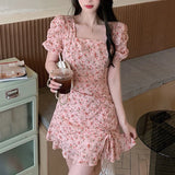 IFOMT Spring Outfit 1pc Sweet Fragment Floral Dress Shirr Sweet Ruffle Dress Puff Sleeve Girls Summer Short Dress Fashion Sexy Slim Mini Lace Dress