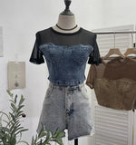 IFOMT Women Street Raw Edge Denim Spliced Tie-Dye Mesh Short T-Shirt Chic Sexy See Throgh Top Y2K Top Casual Holiday Club Streetwear