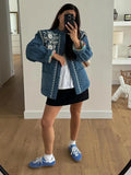 IFOMT 2024 Blue Printed Patchwork Short Coat Women  O-neck Long Sleeves With Pockets Cropped Jackets Autumn Female Chic Streetwear