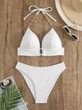 IFOMT 2024 Chain Linked Cut Out Halter Bikini Sexy Swimsuit Women White Swimwear Female Bathers Bathing Swimming Swim Suit Beachwear