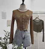 IFOMT Retro Raw Edge Denim Lace Up Pacthwork Mesh Long Sleeve Shirt Women Sexy See Through Top Y2k Shirt Holiday Club Streetwear 2638