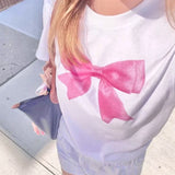 IFOMT Y2K Aesthetic 00s Retro Cropped Tops Bowknot Print T-shirt Preppy Cute Short Sleeve O Neck Baby Tees Chic Fashion Streetwear