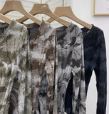 IFOMT Wasteland Style Distressed Tie Dye Top Women's V-neck Irregular Ribbon Long Sleeve Short T-shirt Daily Holiday Club Streetwear