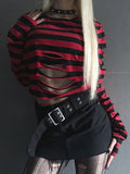 IFOMT Women Goth Punk Long Sleeve Crewneck Striped T Shirt Y2k Grunge Cutout Crop Tops Halloween Christmas Pullover Top