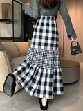Ifomt Women Plaid Skirts Autumn Winter Korean Mori Girl Style Vintage High Waisted A-Line Pleated Long Skirt