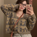 IFOMT Vintage All-match Flower Print Knitted Cardigan 2024 Early Autumn New Tops Mujer Y2k E-Girl Slim Fit Long Sleeve Coat Women