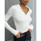IFOMT Elegant Lapel Knitted Pollovers For Women Slim Striped Solid Color Polo Sweater Long Sleeve Female 2024 Autumn Fashion