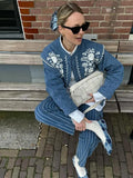 IFOMT 2024 Blue Printed Patchwork Short Coat Women  O-neck Long Sleeves With Pockets Cropped Jackets Autumn Female Chic Streetwear
