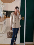 IFOMT Women Fashion U-neck Single Breasted Jacket Elegant White Slim Long Sleeve With Pocket Thin Coat 2024 New Autumn Commute Outwear