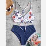 IFOMT 2024 Summer Womens 2 Piece Swimsuits Floral Printed Spaghetti Strap Swim Top High Waisted Bikinis Sets Female Beach Bathing Suit