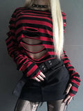 IFOMT Women Goth Punk Long Sleeve Crewneck Striped T Shirt Y2k Grunge Cutout Crop Tops Halloween Christmas Pullover Top