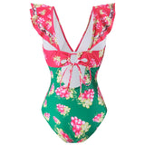 IFOMT 2024 Women Swimwear With Cover-up Swimsuit Ruffle Dongbei Printed Deep V One-piece Monokini Kimono Bikini Suit Summer Beachwear