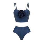 IFOMT 2024 New Off Shoulder 3D Flower denim printed One piece Swimsuit set Shiny Women Swimwear Beachwear bikinis bathingsuit