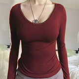 IFOMT Women Y2k Chic Long Sleeve Bow Shirt Top Cute Lace Trim Solid Square Neck Crop Tee Top Slim Fit Pullovers Tops Grunge Streetwear