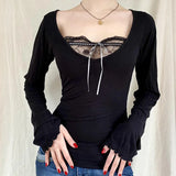 IFOMT Women Y2k Lace Trim Fairy Aesthetic Shirt Sexy Black Scoop Neck Long Sleeves Slim Fit Top 2000s Vintage Clothings Streetwear