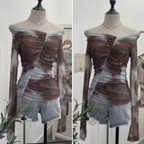 IFOMT Women's Retro One Shoulder Tie Dye Print Mesh Long Sleeve Top Irregular Pleated Slim T-shirt Blouse PartyClub Wear Streetwear