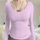 IFOMT Women Y2k Chic Long Sleeve Bow Shirt Top Cute Lace Trim Solid Square Neck Crop Tee Top Slim Fit Pullovers Tops Grunge Streetwear