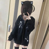 IFOMT Harajuku Gray Cat Ears Hoodie Coat Women Autumn Winter New Mid-length Loose Sweatshirts Y2k Long Sleeve Zipper Tops Mujer