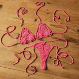 IFOMT Women Sexy Handmade Bikini Sets Crochet Flower Solid Color Lace Thong String Swimwear Sunbathing Swimsuit Beach Wear Lace-up