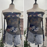 IFOMT Women Retro Tie Dye Abstract Print Front Double Layer Mesh Top One Shoulder Drawstring Pleated Long Sleeve Y2K Boat Neck Top2579