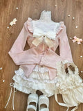 IFOMT Sweet Fungus Long Sleeve Cardigan Tops+ Sexy Slim Fit Bow White Vest+ High Waist Ruched Lace Cake Skirts Three Piece Sets